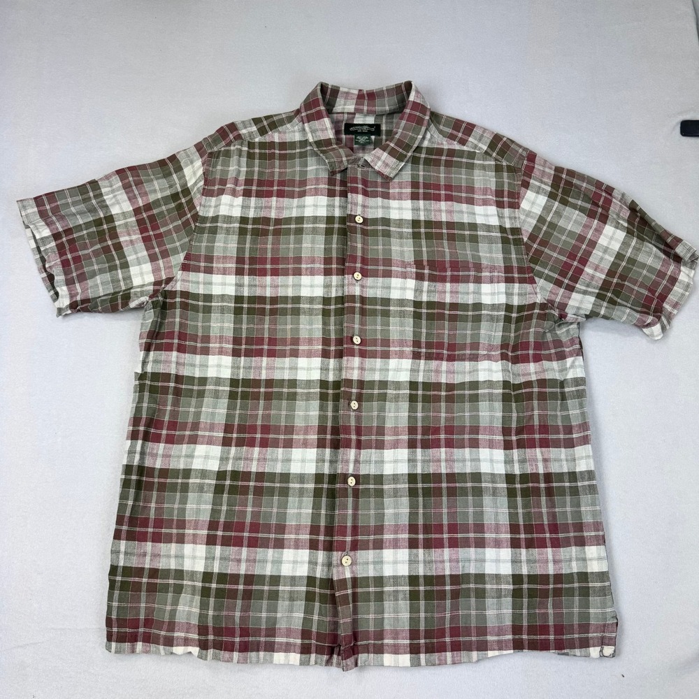 Eddie Bauer Mens Tall XL Linen Green Plaid Short Sleeve Button Down Shirt Vtg